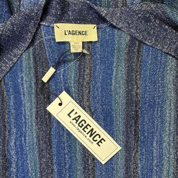 NWT L'Agence Knit Striped Tie Waist Berkeley Wrap Cardigan Blue Metallic Size XS - Picture 9 of 12